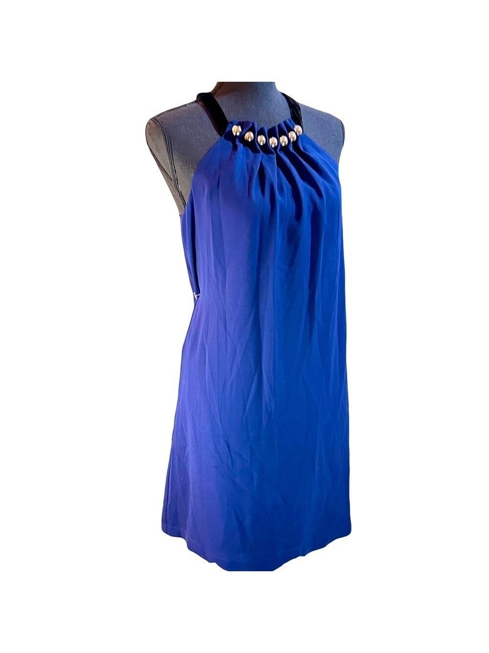 BCBG XS Imperial Blue, Decorative Black Velvet & Silver Bead Neckline Dress NWT‌